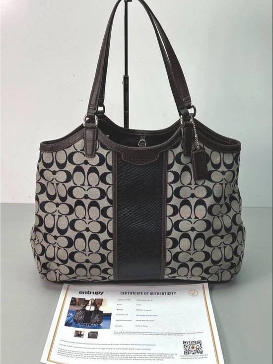 Coach Handbags - Coach Signature (black) Snakeskin Stripe Saddle Tote F31444 Brown Leather Trim